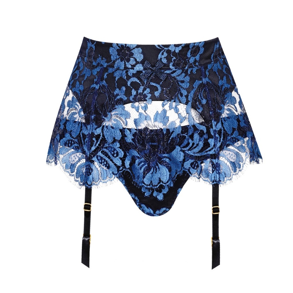 NWT Agent Provocateur Soirée Mei Blue and Black Lace Suspender Garter Size 2